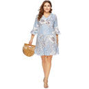 Women Plus Size Fashion V-neck Printed Stripe Ruffle Straight Dress (Color:As Show Size:XL)