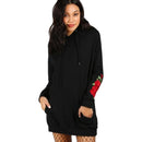 Women Plus Size Mid-length Rose Pattern Long Sleeve Hooded Sweater (Color:Black Size:L)