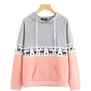 Women Color Matching Deer Printed Long Sleeve Hooded Sweater (Color:As Show Size:L)
