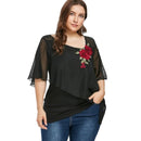 Women Plus Size V-neck Embroidered Irregular Chiffon Tops (Color:Black Size:XXXL)