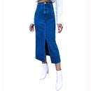 Women Retro High Waist Irregular Denim Long Skirt (Color:Blue Size:L)