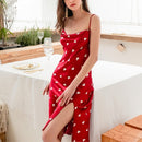 Summer Love-heart Pattern Nightdress Imitation Silk Long Suspender Dress for Ladies (Color:Red Size:Xxl)