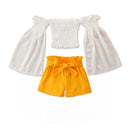 Girls Casual Long-sleeved Loose Short Top And Shorts Two-piece Suit (Color:White Size:90)