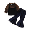 Girls Hollow Long-sleeved Top Denim Pants Two-piece Suit (Color:Black Size:100)