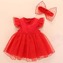 Girls Short-sleeved Mesh Dress With Bow (Color:Red Size:50)