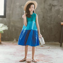 Girls Skirt Contrast Stitching Lace Neckline Sleeveless Contrast Stitching Dress (Color:Blue Size:160)