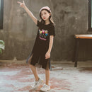 Girls Skirt Round Neck Short Sleeve Simple Casual Loose Straight Mesh Stitching Printed Dress (Color:Black Size:120)