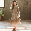 Girls Printed Chiffon Pleated Mesh Dress With Irregular Hem (Color:Brown Size:140)