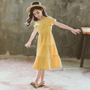 Girls Short-sleeved Dark Jacquard Cotton Round Neck Ruffle Dress (Color:Yellow Size:160)