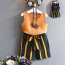 Girls Pearl Yarn Sleeveless Vest + Contrast Color Bust Shorts Two-piece Suit (Color:Yellow Size:100)