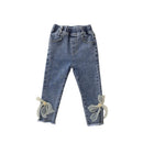 Girls Fashion Bow Slim Jeans (Color:Blue Size:130)