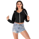Zip Casual Hooded Cropped Slim Fit Top (Color:Black Size:S)