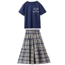 Girls Short Sleeve + Plaid Skirt Two-piece Suit (Color:Blue Size:110)