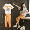 Girls Short-sleeved Blouse + Two-piece Casual Trousers (Color:White Clothes And Yellow Pants Size:110)