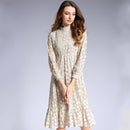 Spring and Autumn Flower Pattern Long Sleeve Lace Dress Lantern Sleeve Flounce Rendering Skirt for Ladies (Color:Apricot Size:S)