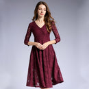 Spring V-neck Mid-length Swing-skirted Long-sleeved Lace Dress for Ladies (Color:Wine Red Size:M)
