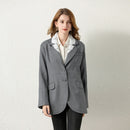 Women Hollowed Embroidery Lace Spliced Lapel Single-breasted Long Sleeves Blazer Coat (Color:Grey Size:S)