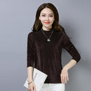 Spring Solid Color Vertical Stripes Gold Velvet Half-high Collar Long-sleeved T-shirt for Women (Color:Dark Coffee Size:M)