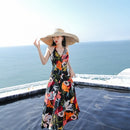Retro Slim Print V-neck Halter Sexy Backless Stitching Dress (Color:Black Size:S)
