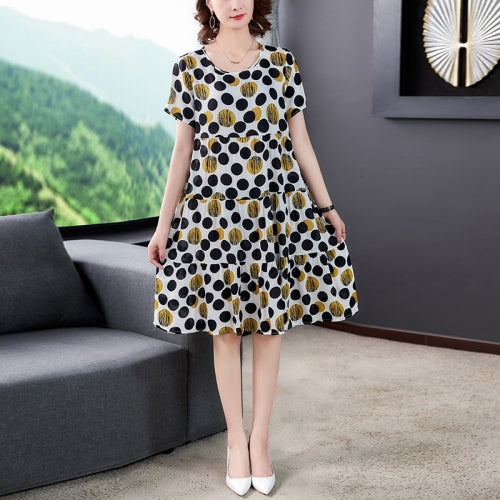 Cotton Silk Floral Skirt Short Sleeve Loose Dress (XL)
