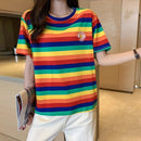 Summer Little Daisy Embroidered Pattern Striped Round Neck Short Sleeve T-Shirt for Ladies (Color:Rainbow Stripes Size:M)