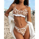 2 in 1 Floral Pattern Ruffle Bikini Ladies Split Swimsuit Set with Chest Pad (Color:Coffee Size:S)